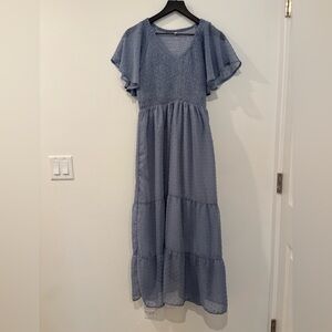 Smocked Bodice Flutter Sleeve Maxi Dress in Dusty Blue